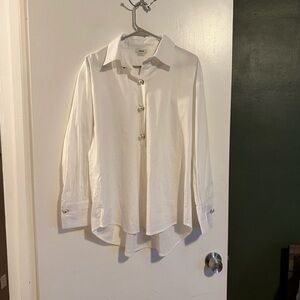 Jason wu white half button down tunic blouse faux pearl buttons size medium